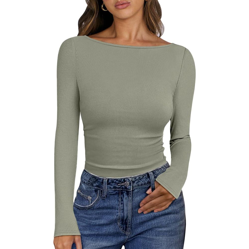 imageANRABESS Womens Boat Neck Long Sleeve Shirts Rib Knit Slim Fitting Tops Basic Tees 2025 Casual Comfy Fall Outfits ClothesSaga Green