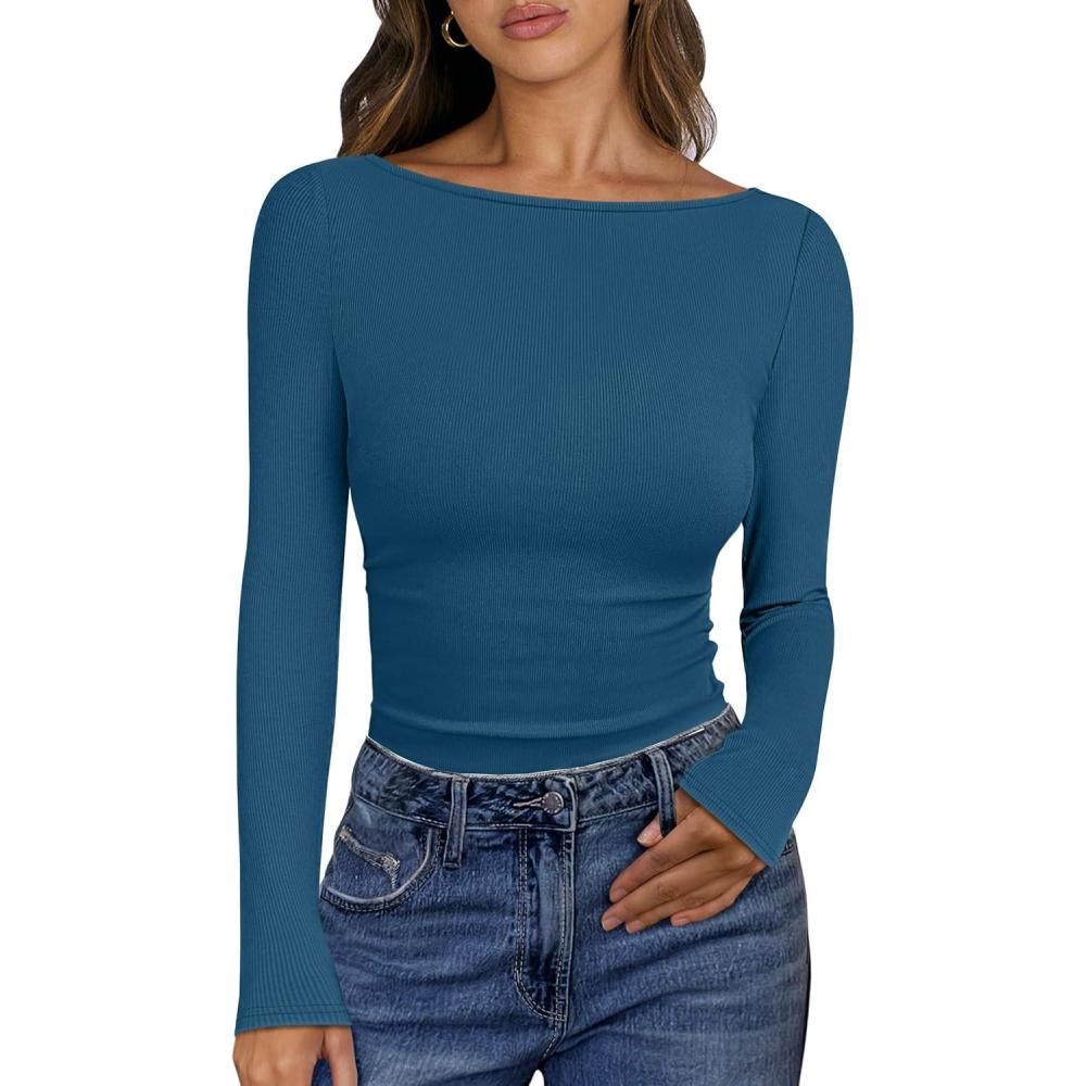 imageANRABESS Womens Boat Neck Long Sleeve Shirts Rib Knit Slim Fitting Tops Basic Tees 2025 Casual Comfy Fall Outfits ClothesTeal