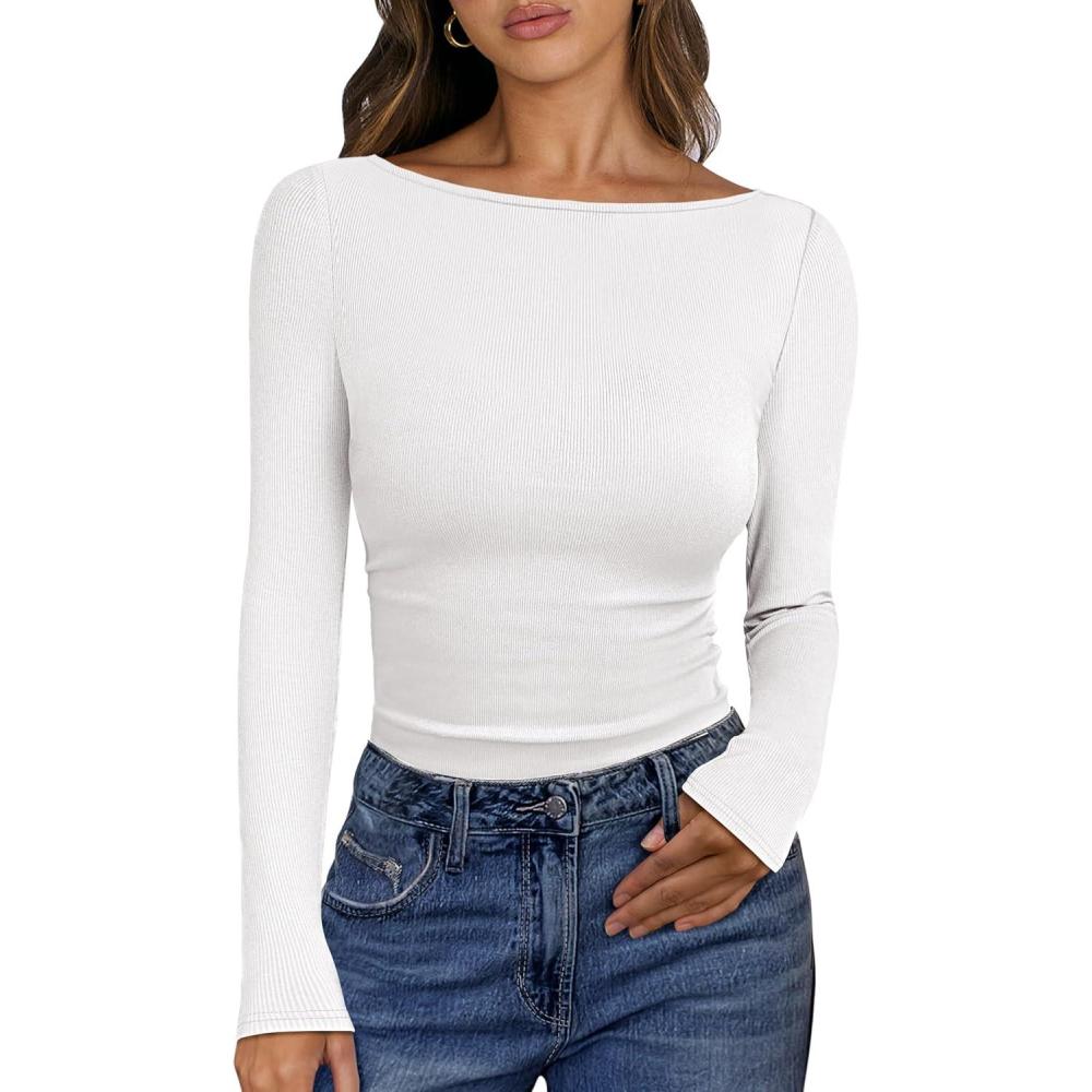 imageANRABESS Womens Boat Neck Long Sleeve Shirts Rib Knit Slim Fitting Tops Basic Tees 2025 Casual Comfy Fall Outfits ClothesWhite