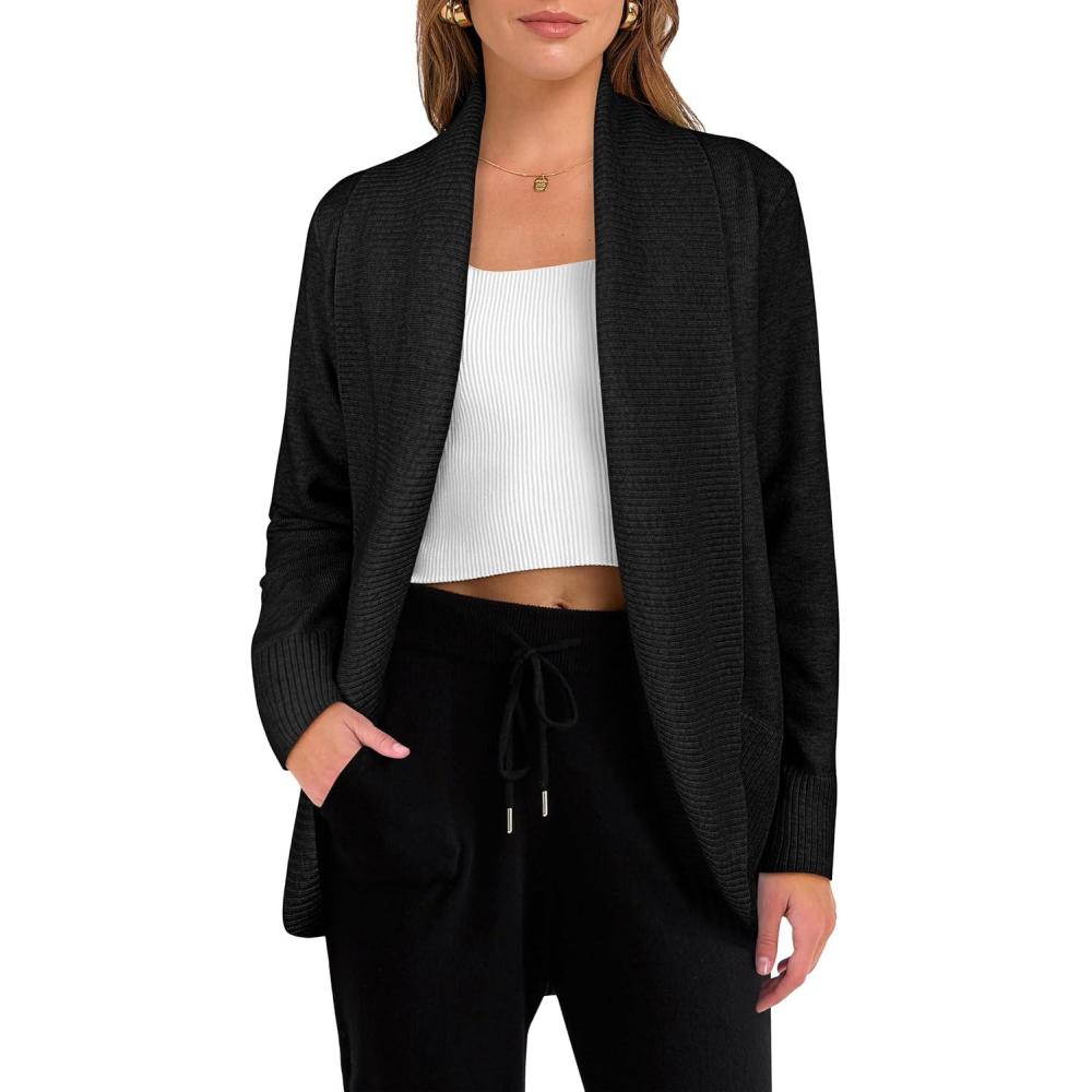 imageANRABESS Womens Cardigan Sweaters Open Front Long Sleeve Shawl Neck Knit Dressy Casual 2025 Trendy Fall Winter Outerwear CoatBlack