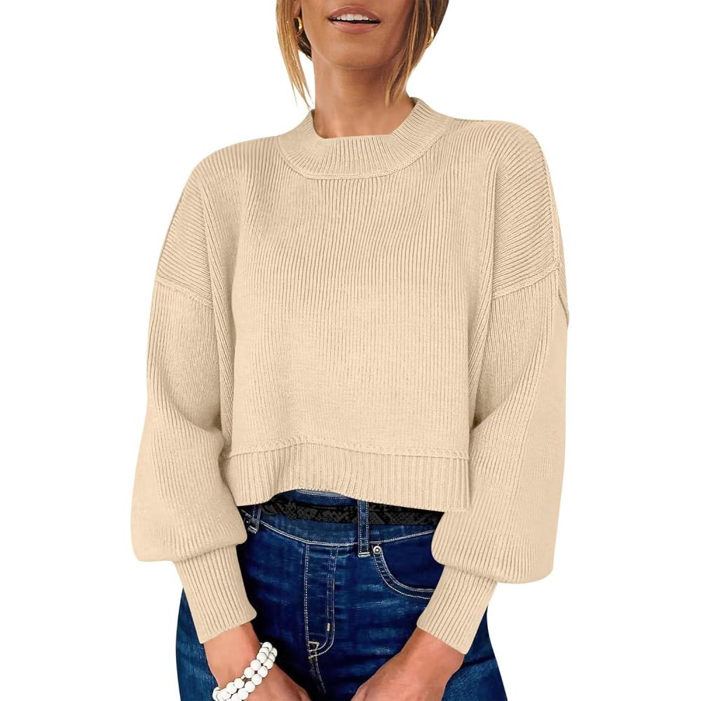 imageANRABESS Womens Cropped Sweaters Oversized Crewneck Long Batwing Sleeve Side Slit Ribbed Knit Pullover Tops 2025 Fall ClothesApricot