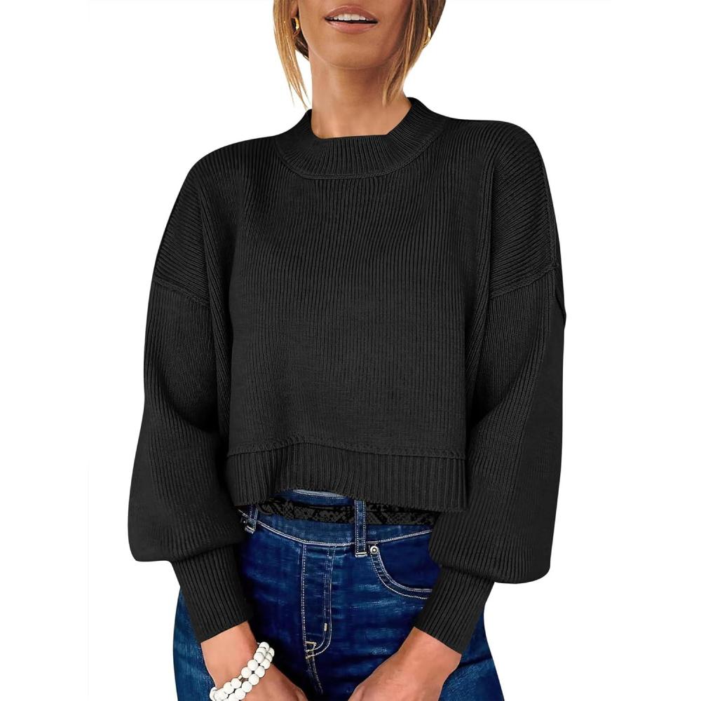 imageANRABESS Womens Cropped Sweaters Oversized Crewneck Long Batwing Sleeve Side Slit Ribbed Knit Pullover Tops 2025 Fall ClothesBlack