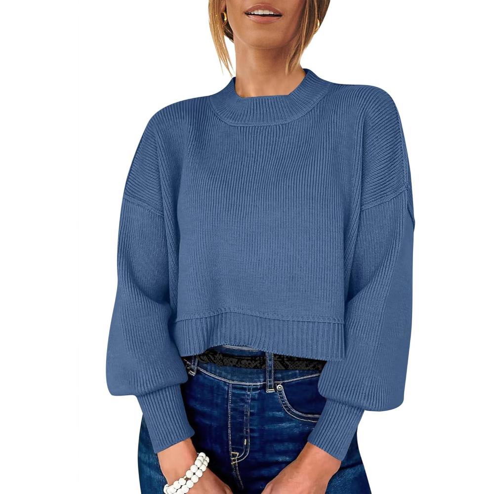 imageANRABESS Womens Cropped Sweaters Oversized Crewneck Long Batwing Sleeve Side Slit Ribbed Knit Pullover Tops 2025 Fall ClothesBlue
