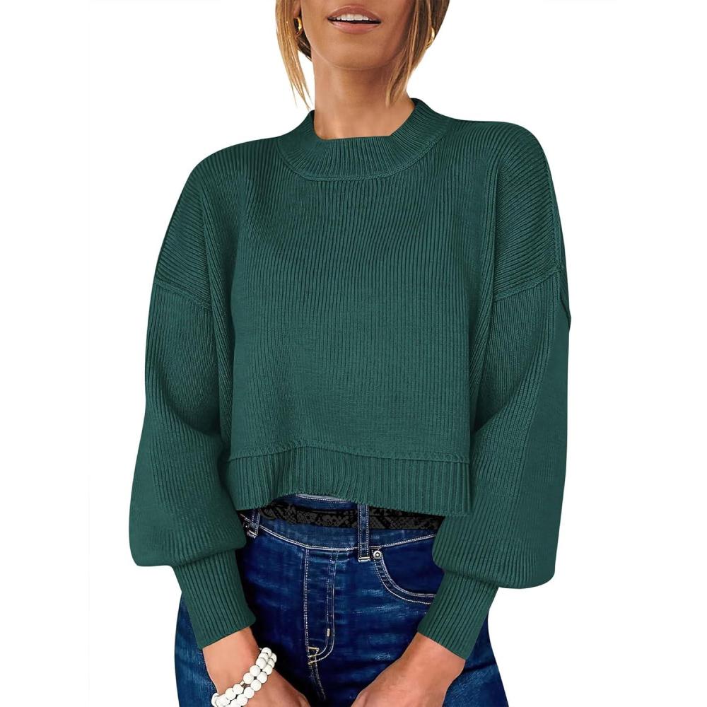 imageANRABESS Womens Cropped Sweaters Oversized Crewneck Long Batwing Sleeve Side Slit Ribbed Knit Pullover Tops 2025 Fall ClothesDark Green