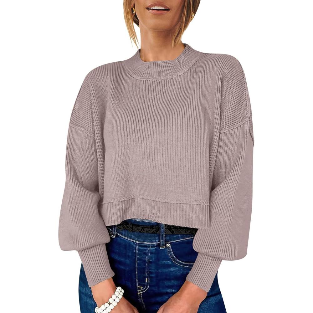 imageANRABESS Womens Cropped Sweaters Oversized Crewneck Long Batwing Sleeve Side Slit Ribbed Knit Pullover Tops 2025 Fall ClothesRed Apricot