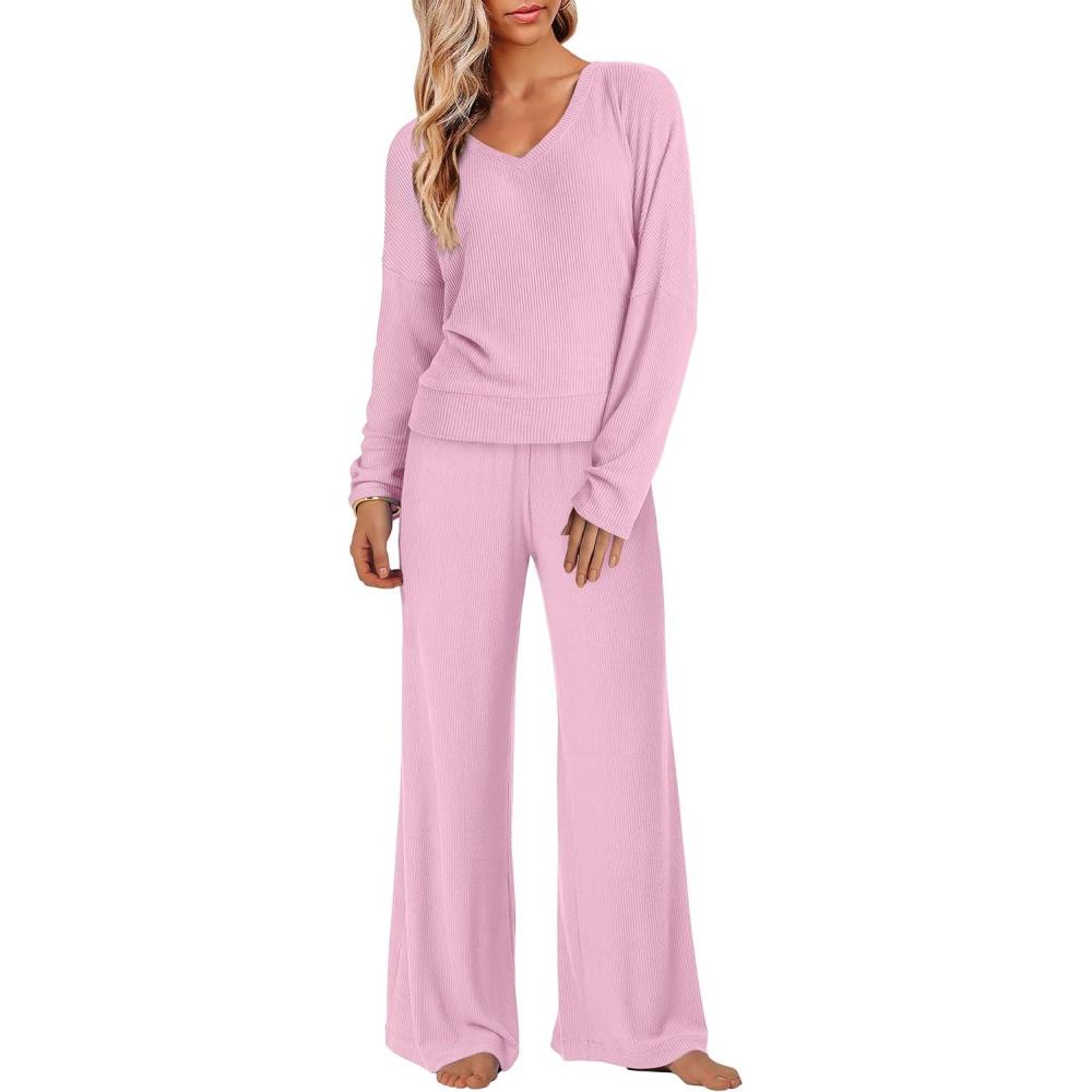 imageANRABESS Womens Fleece Pajama Sets 2 Piece Outfits Matching Lounge Set Casual Ribbed Knit Long Sleeve Pj 2025 Fall SleepwearPink