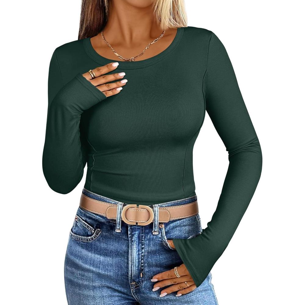 imageANRABESS Womens Long Sleeve Shirts Crewneck Curved Hem Rib Knit Slim Fit Basic Y2K Tops 2025 Fall Outfits Casual Work TeesDark Green