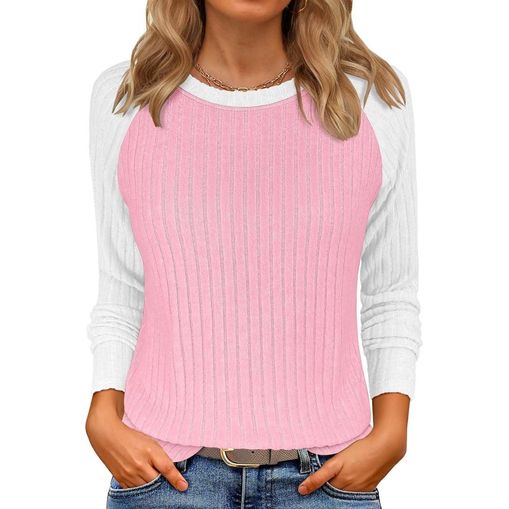 imageANRABESS Womens Long Sleeve Tops Ribbed Knit Color Block Shirts Lightweight Sweaters 2025 Fall Outfits BlousesPink Yarrow White