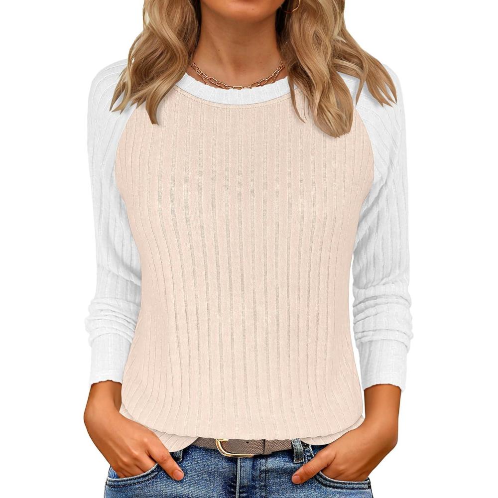imageANRABESS Womens Long Sleeve Tops Ribbed Knit Color Block Shirts Lightweight Sweaters 2025 Fall Outfits BlousesTan White