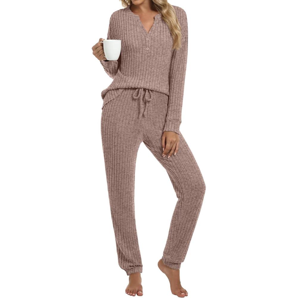 imageANRABESS Womens Lounge Set 2025 Fall 2 Piece Outfit Long Sleeve Pajamas Sets Henley Top ampamp Pants Loungewear ClothingTan