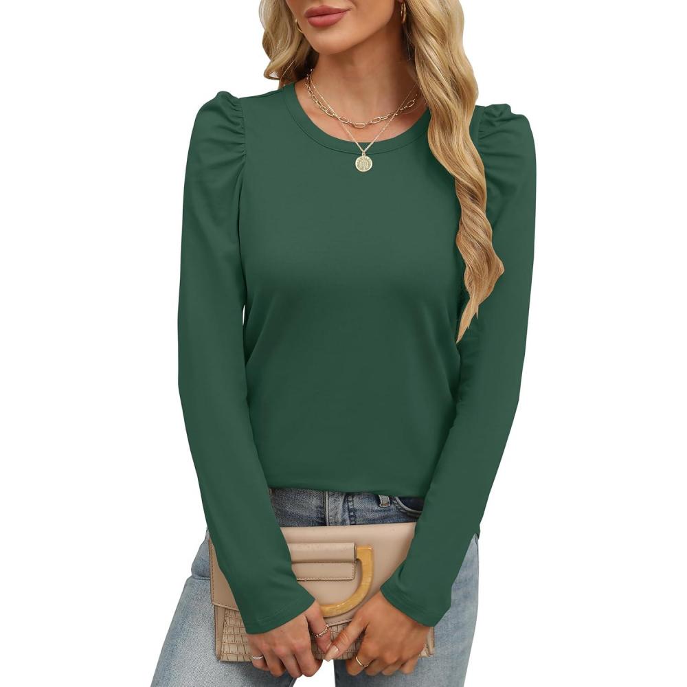 imageANRABESS Womens Puff Long Sleeve Shirts Crewneck Fall Tops Basic Dressy Casual Blouses 2025 Trendy OutfitsDark Green