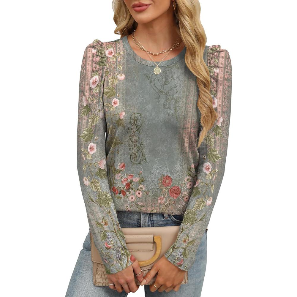 imageANRABESS Womens Puff Long Sleeve Shirts Crewneck Fall Tops Basic Dressy Casual Blouses 2025 Trendy OutfitsFloral Green Flower