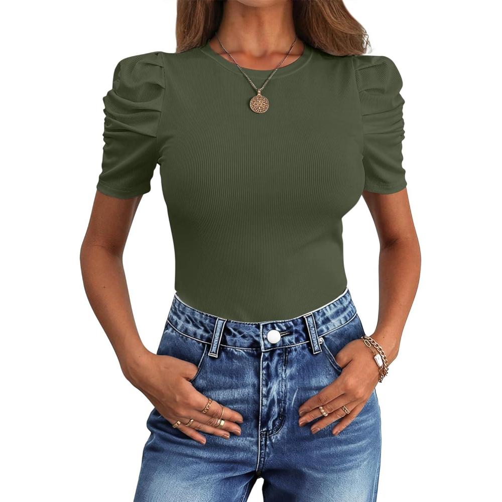imageANRABESS Womens Puff Sleeve Crewneck Dressy Casual Tops Summer Fitted Ribbed Knit Trendy Going Out T Shirts 2026 SpringArmy Green