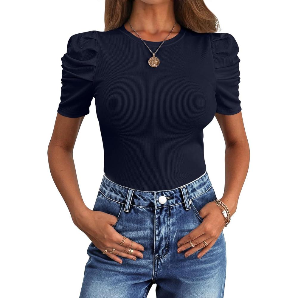 imageANRABESS Womens Puff Sleeve Crewneck Dressy Casual Tops Summer Fitted Ribbed Knit Trendy Going Out T Shirts 2026 SpringNavy Blue