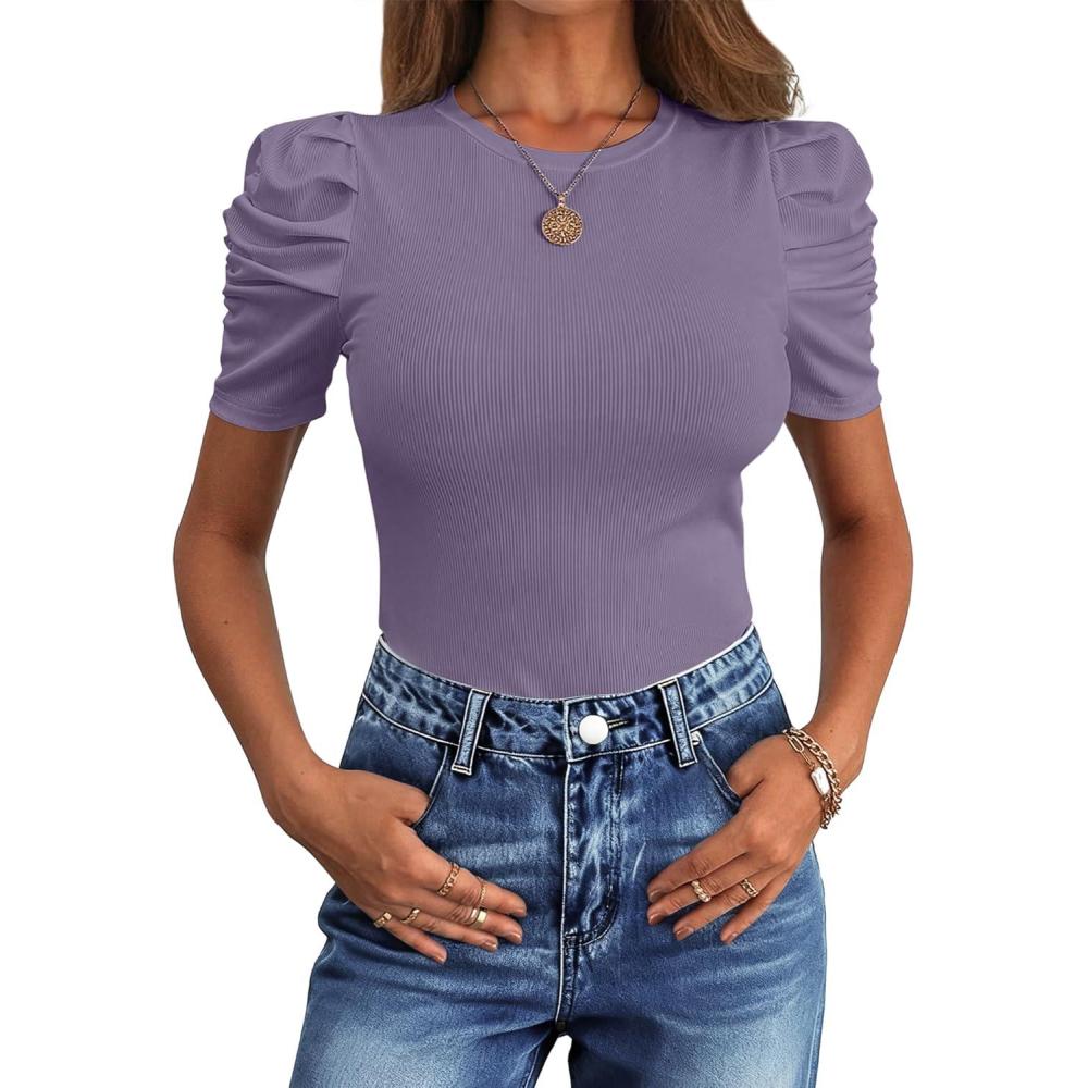 imageANRABESS Womens Puff Sleeve Crewneck Dressy Casual Tops Summer Fitted Ribbed Knit Trendy Going Out T Shirts 2026 SpringPurple