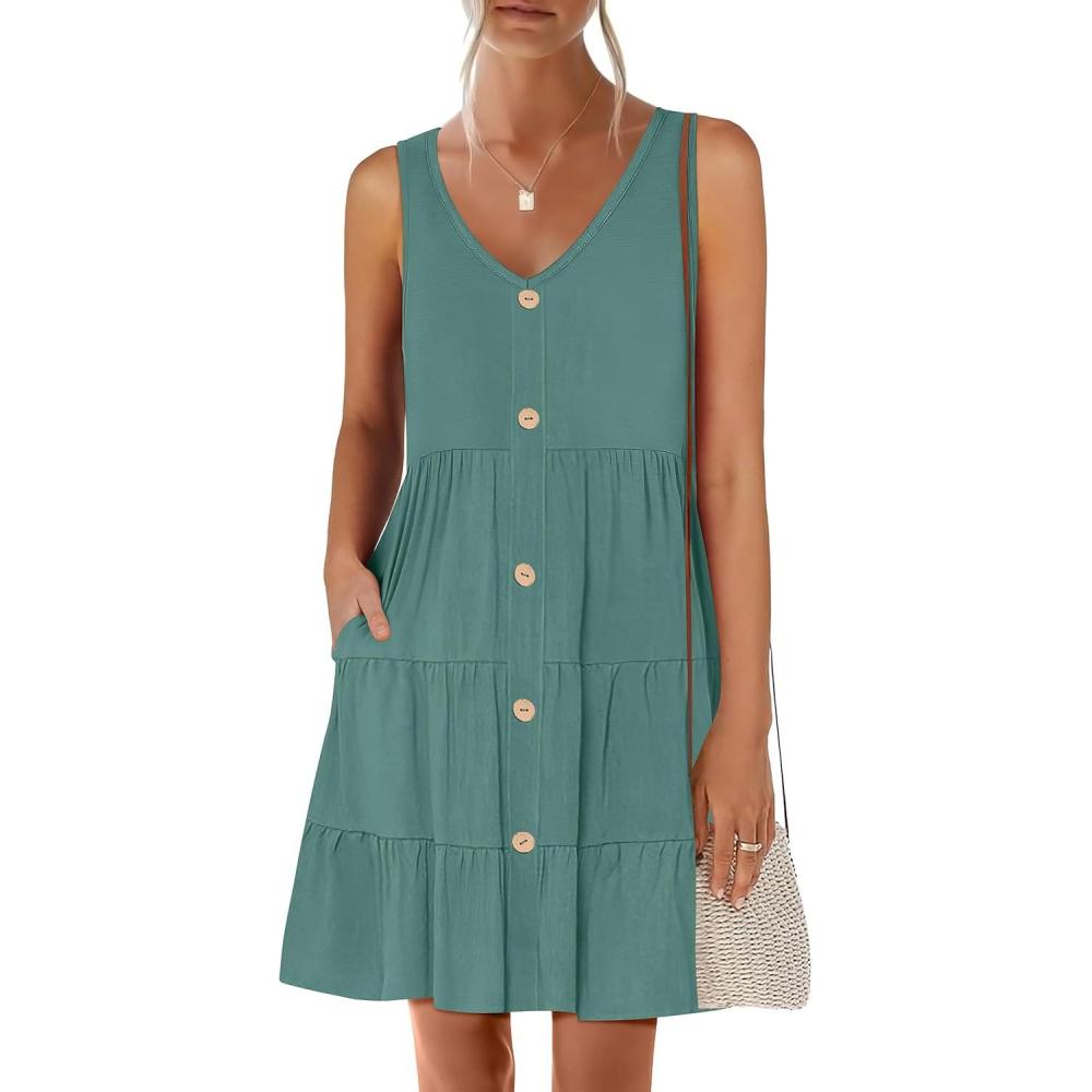 imageANRABESS Womens Summer Beach Vacation Dresses V Neck Sleeveless Casual Button Down A Line Swing Mini Sundresses with PocketsGrass Green