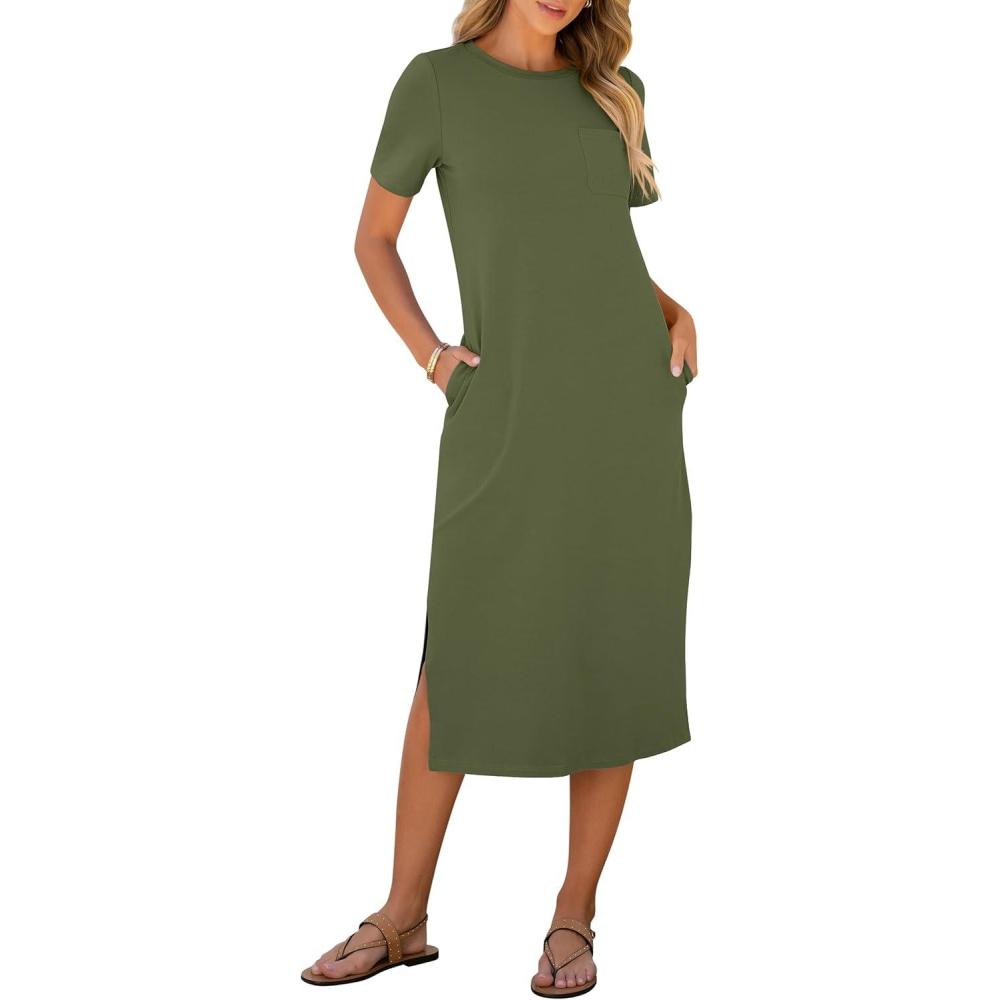 imageANRABESS Womens Summer Casual Midi Dress Short Sleeve Crewneck T Shirt Long Dresses Split Stripe Beach Vacation Travel OutfitArmy Green