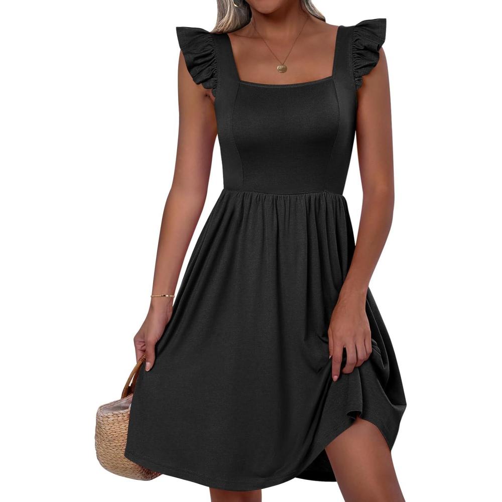 imageANRABESS Womens Summer Short Dress 2025 Square Neck Sleeveless A Line Ruffled Wedding Casual Cute Teen Beach Mini SundressBlack