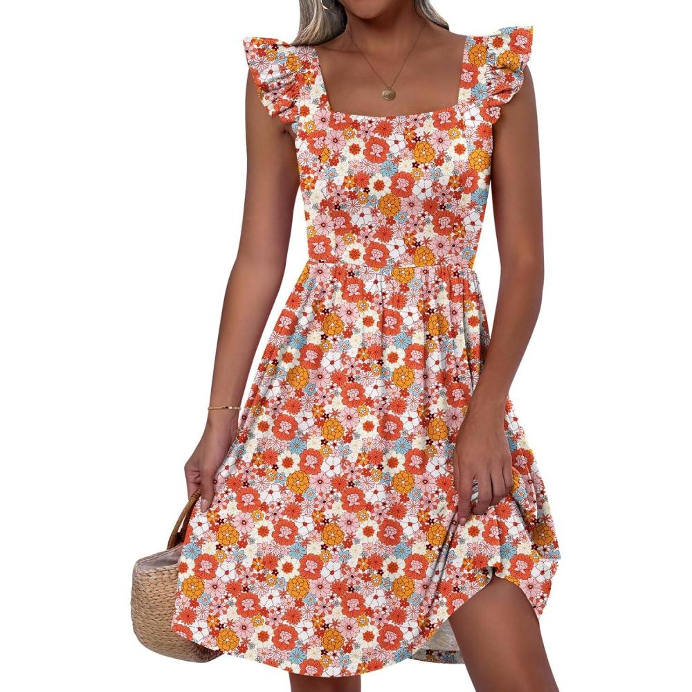 imageANRABESS Womens Summer Short Dress 2025 Square Neck Sleeveless A Line Ruffled Wedding Casual Cute Teen Beach Mini SundressOrange Floral