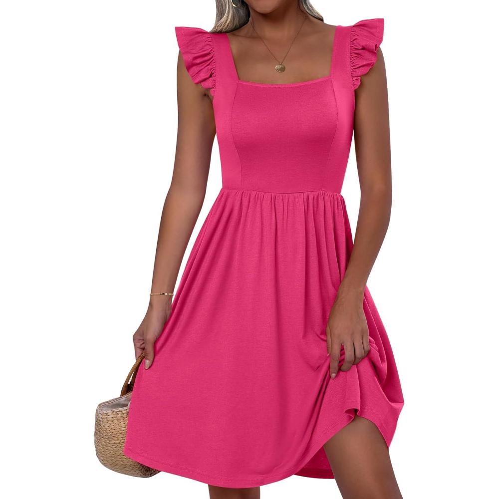 imageANRABESS Womens Summer Short Dress 2025 Square Neck Sleeveless A Line Ruffled Wedding Casual Cute Teen Beach Mini SundressPink