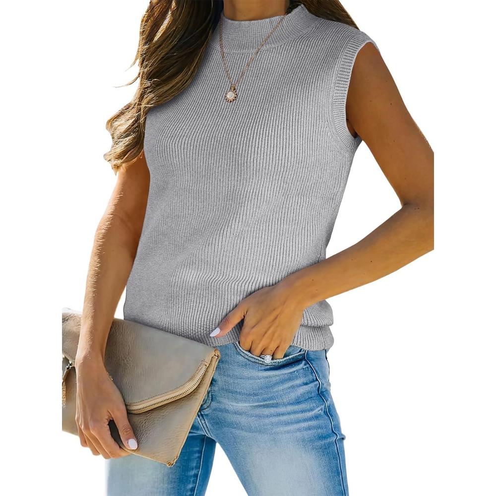 imageANRABESS Womens Summer Sleeveless Tops Casual Mock Neck Loose Fit Knit Lightweight Sweater Pullover TopGrey