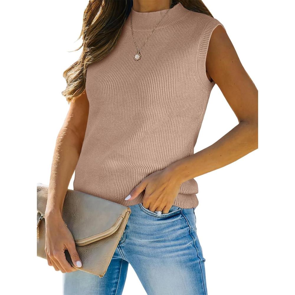 imageANRABESS Womens Summer Sleeveless Tops Casual Mock Neck Loose Fit Knit Lightweight Sweater Pullover TopKhaki
