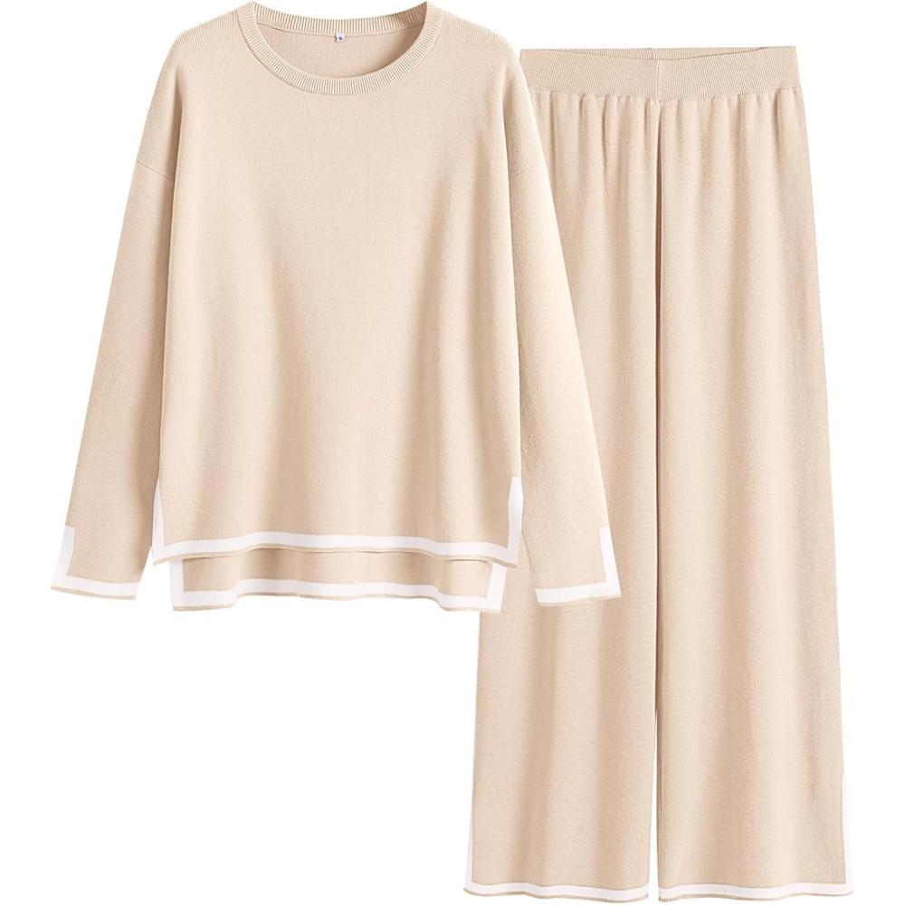 imageANRABESS Womens Two Piece Outfits Knit Pullover Sweater Tops ampamp Wide leg Pants Lounge Matching Sweatsuit Tracksuits SetsBeige