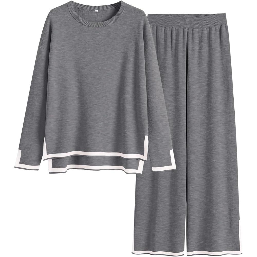 imageANRABESS Womens Two Piece Outfits Knit Pullover Sweater Tops ampamp Wide leg Pants Lounge Matching Sweatsuit Tracksuits SetsGrey