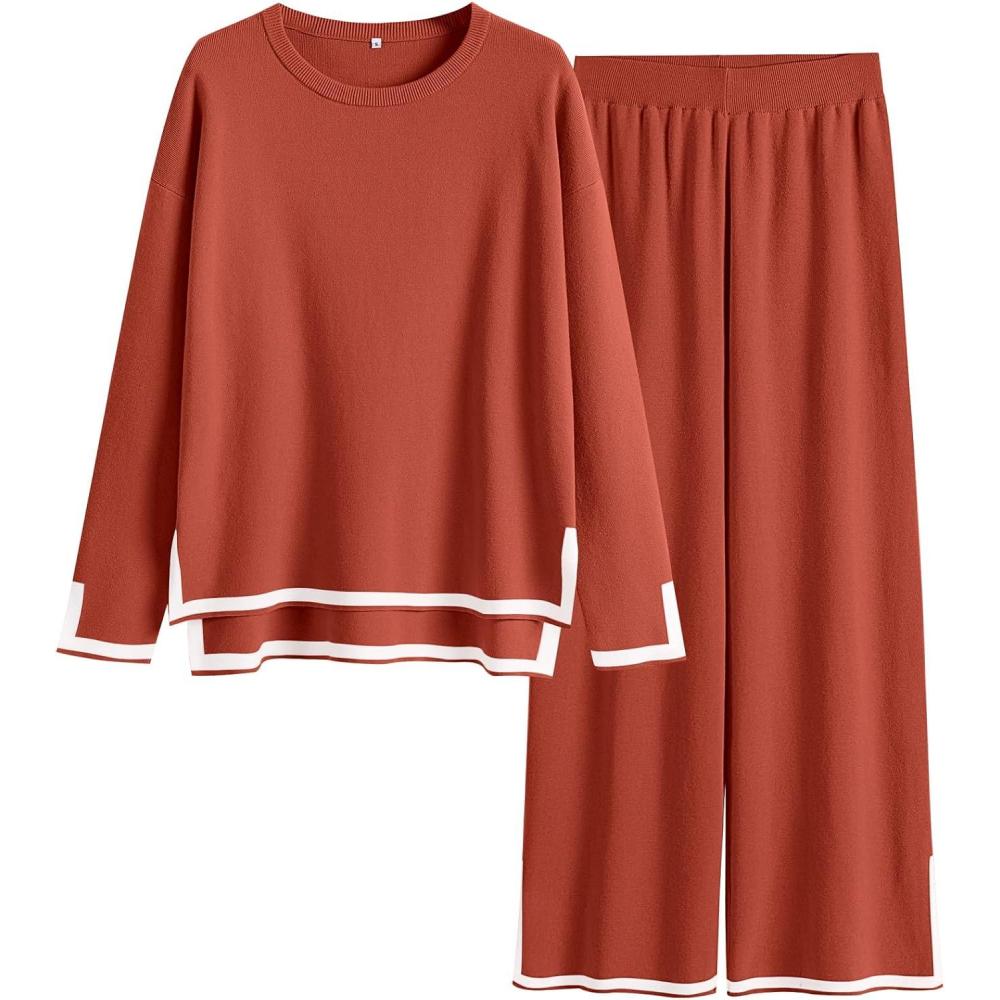 imageANRABESS Womens Two Piece Outfits Knit Pullover Sweater Tops ampamp Wide leg Pants Lounge Matching Sweatsuit Tracksuits SetsRust