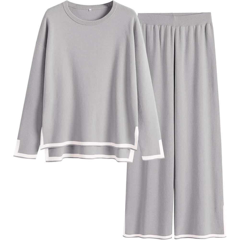 imageANRABESS Womens Two Piece Outfits Knit Pullover Sweater Tops ampamp Wide leg Pants Lounge Matching Sweatsuit Tracksuits SetsSilver Grey