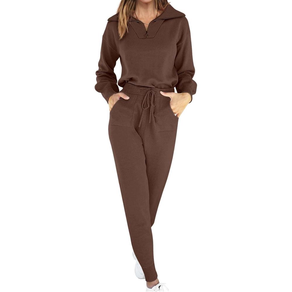 imageANRABESS Womens Two Piece Outfits Sweater Lounge Sets Long Sleeve Zip Up Knit Pullover Jogger Pants Tracksuit Travel OutfitsBrown