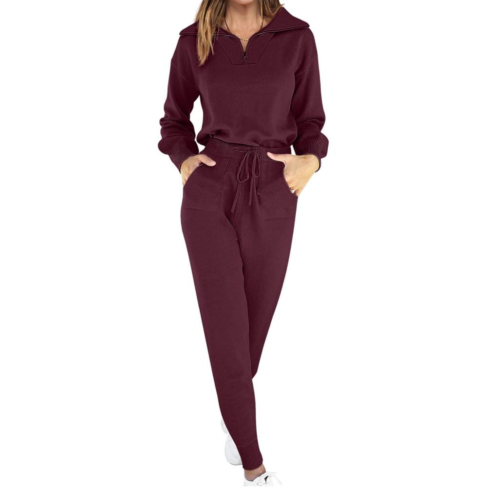 imageANRABESS Womens Two Piece Outfits Sweater Lounge Sets Long Sleeve Zip Up Knit Pullover Jogger Pants Tracksuit Travel OutfitsBurgundy