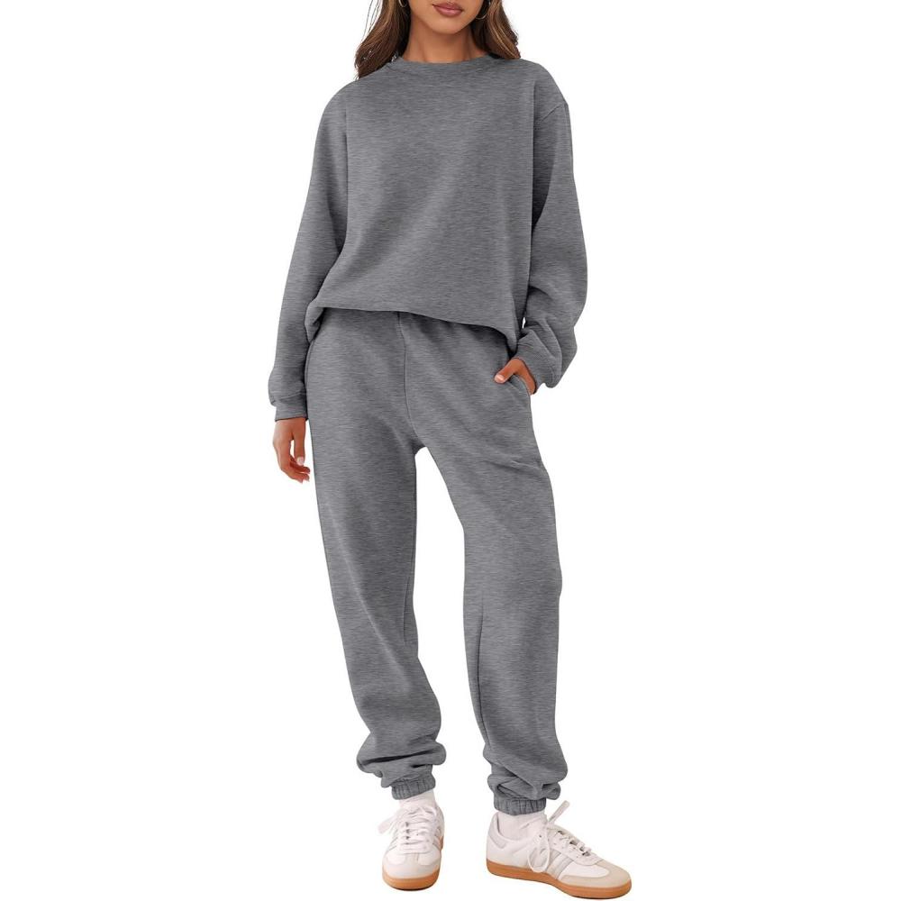imageANRABESS Womens Two Piece Outfits Sweatsuit Lounge Set Long Sleeve Crewneck Sweatshirt Jogger Pants Tracksuit 2025 Fall SetsDeep Grey