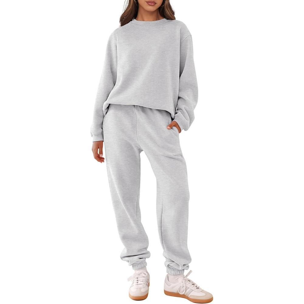 imageANRABESS Womens Two Piece Outfits Sweatsuit Lounge Set Long Sleeve Crewneck Sweatshirt Jogger Pants Tracksuit 2025 Fall SetsGrey