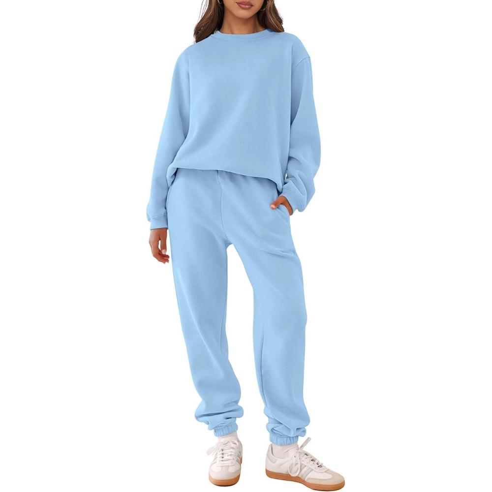 imageANRABESS Womens Two Piece Outfits Sweatsuit Lounge Set Long Sleeve Crewneck Sweatshirt Jogger Pants Tracksuit 2025 Fall SetsSky