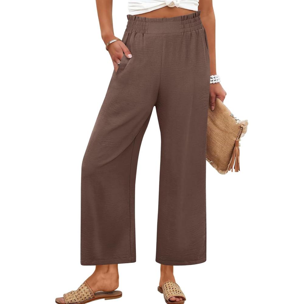imageANRABESS Womens Wide Leg Palazzo Pants Summer Beach High Waisted Cropped Flowy Pants 2026 Work Casual Trousers with PocketsBrown