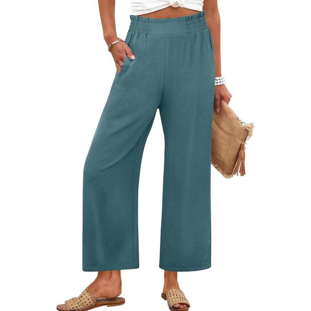 imageANRABESS Womens Wide Leg Palazzo Pants Summer Beach High Waisted Cropped Flowy Pants 2026 Work Casual Trousers with PocketsLake