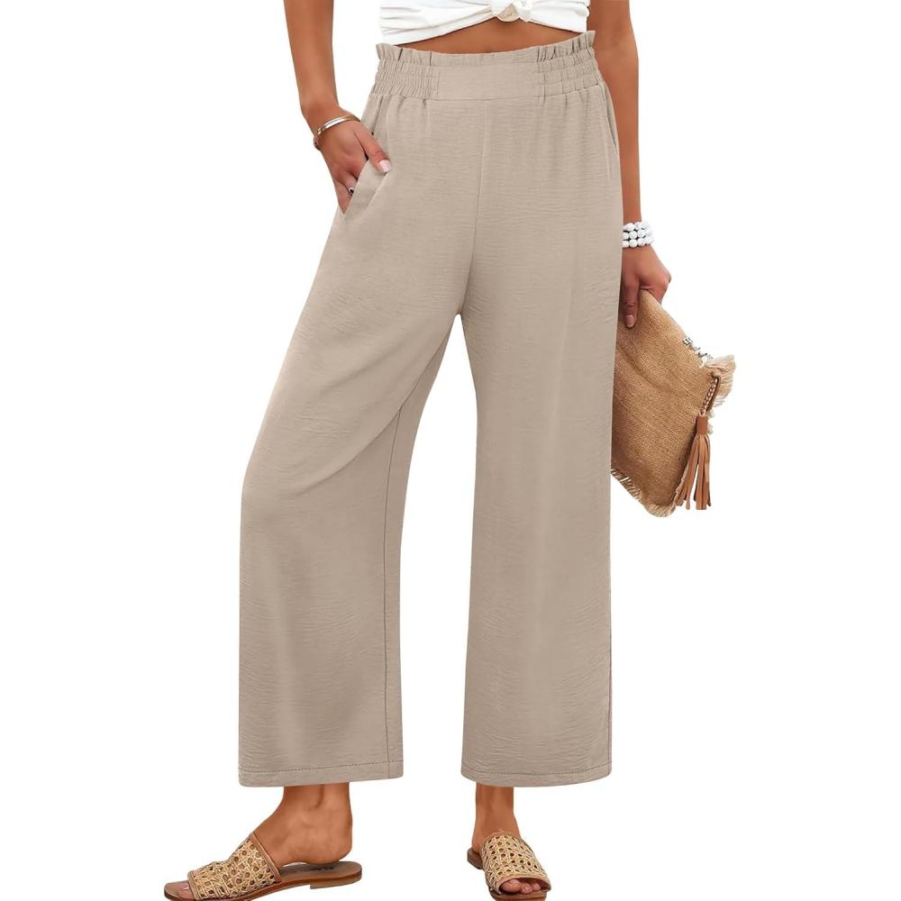imageANRABESS Womens Wide Leg Palazzo Pants Summer Beach High Waisted Cropped Flowy Pants 2026 Work Casual Trousers with PocketsParchment