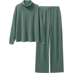 ANRABESS 2 Piece Lounge Sets for Women Turtleneck Pajama Knit Long Sleeve Tops Pants Matching Pj Set Casual 2025 Fall Clothes(Green)