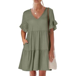 ANRABESS Dresses for Women Summer 2025 V Neck Ruffle Sleeve A Line Tiered Flowy Casual Trendy Mini Beach Dress with Pockets(Army Green)