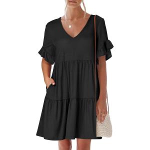 ANRABESS Dresses for Women Summer 2025 V Neck Ruffle Sleeve A Line Tiered Flowy Casual Trendy Mini Beach Dress with Pockets(Black)