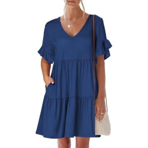 ANRABESS Dresses for Women Summer 2025 V Neck Ruffle Sleeve A Line Tiered Flowy Casual Trendy Mini Beach Dress with Pockets(Blue)