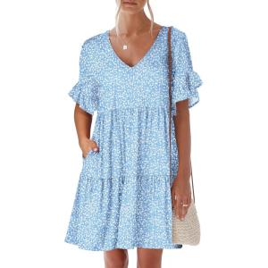 ANRABESS Dresses for Women Summer 2025 V Neck Ruffle Sleeve A Line Tiered Flowy Casual Trendy Mini Beach Dress with Pockets(Blue White Floral)