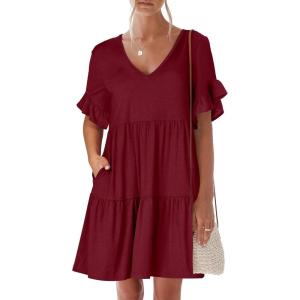 ANRABESS Dresses for Women Summer 2025 V Neck Ruffle Sleeve A Line Tiered Flowy Casual Trendy Mini Beach Dress with Pockets(Burgundy)