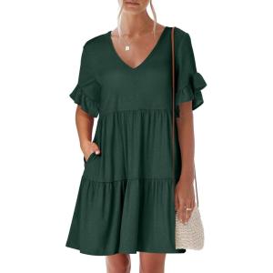 ANRABESS Dresses for Women Summer 2025 V Neck Ruffle Sleeve A Line Tiered Flowy Casual Trendy Mini Beach Dress with Pockets(Deep Green)