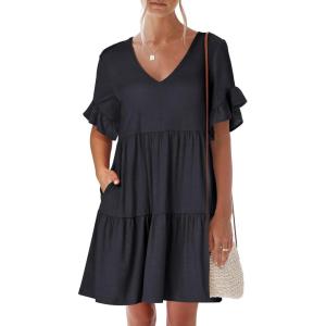 ANRABESS Dresses for Women Summer 2025 V Neck Ruffle Sleeve A Line Tiered Flowy Casual Trendy Mini Beach Dress with Pockets(Deep Navy Blue)