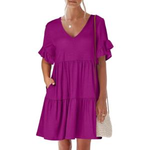 ANRABESS Dresses for Women Summer 2025 V Neck Ruffle Sleeve A Line Tiered Flowy Casual Trendy Mini Beach Dress with Pockets(Fuchsia)