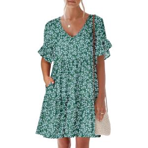 ANRABESS Dresses for Women Summer 2025 V Neck Ruffle Sleeve A Line Tiered Flowy Casual Trendy Mini Beach Dress with Pockets(Green Blue Floral)