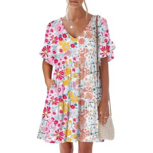 ANRABESS Dresses for Women Summer 2025 V Neck Ruffle Sleeve A Line Tiered Flowy Casual Trendy Mini Beach Dress with Pockets(Multicolour Floral)