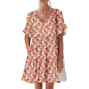 ANRABESS Dresses for Women Summer 2025 V Neck Ruffle Sleeve A Line Tiered Flowy Casual Trendy Mini Beach Dress with Pockets(Orange Floral)
